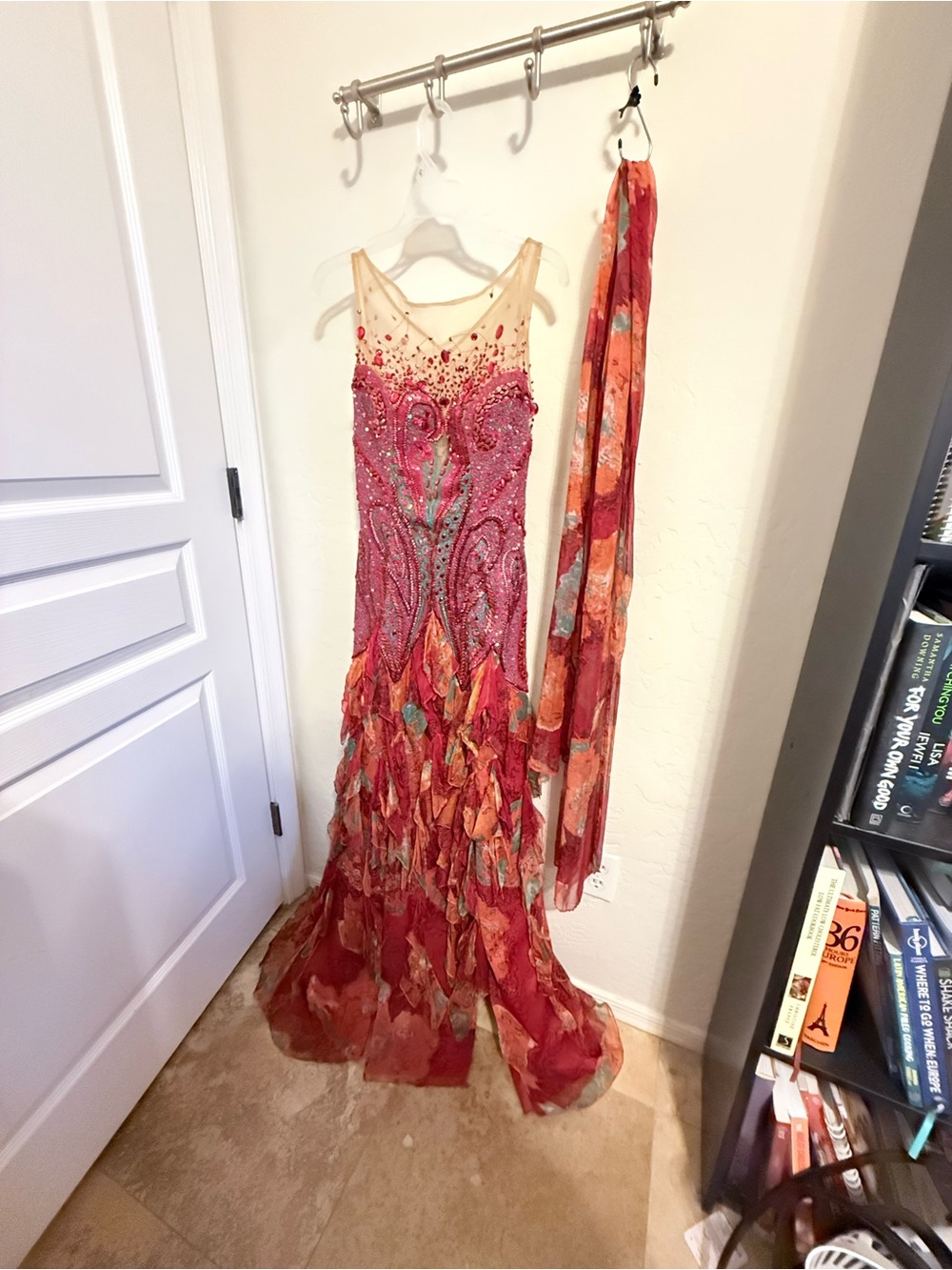 Sherry Haute Couture Beaded Pink-Red Prom Gown with Sheer Bodice and Scarf